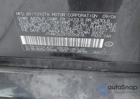 2007 Lexus Is 250 from USA, damaged, VIN JTHBK262X72025878